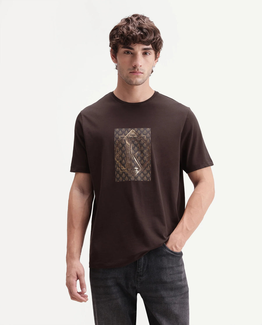 Rare Rabbit Men's Kerd Dark Brown Cotton Blend Crew Neck Regular Graphic Print T-Shirt