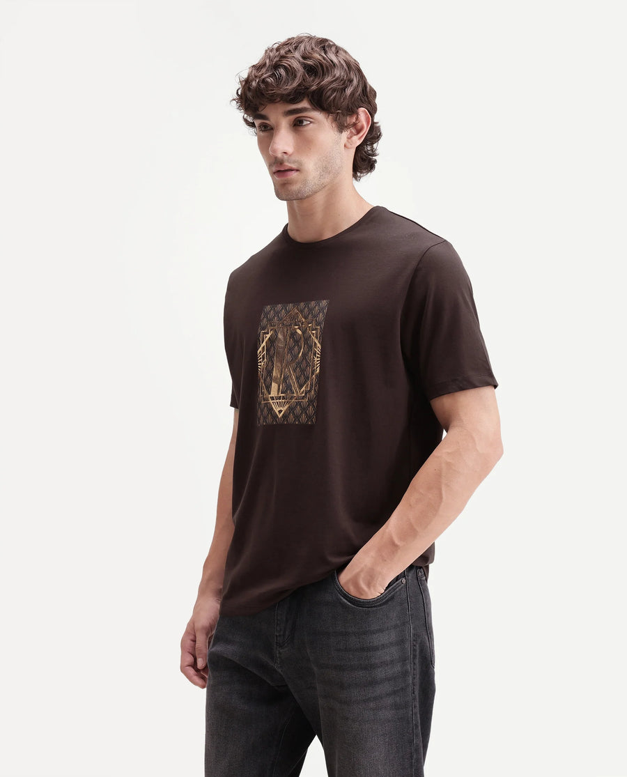 Rare Rabbit Men's Kerd Dark Brown Cotton Blend Crew Neck Regular Graphic Print T-Shirt