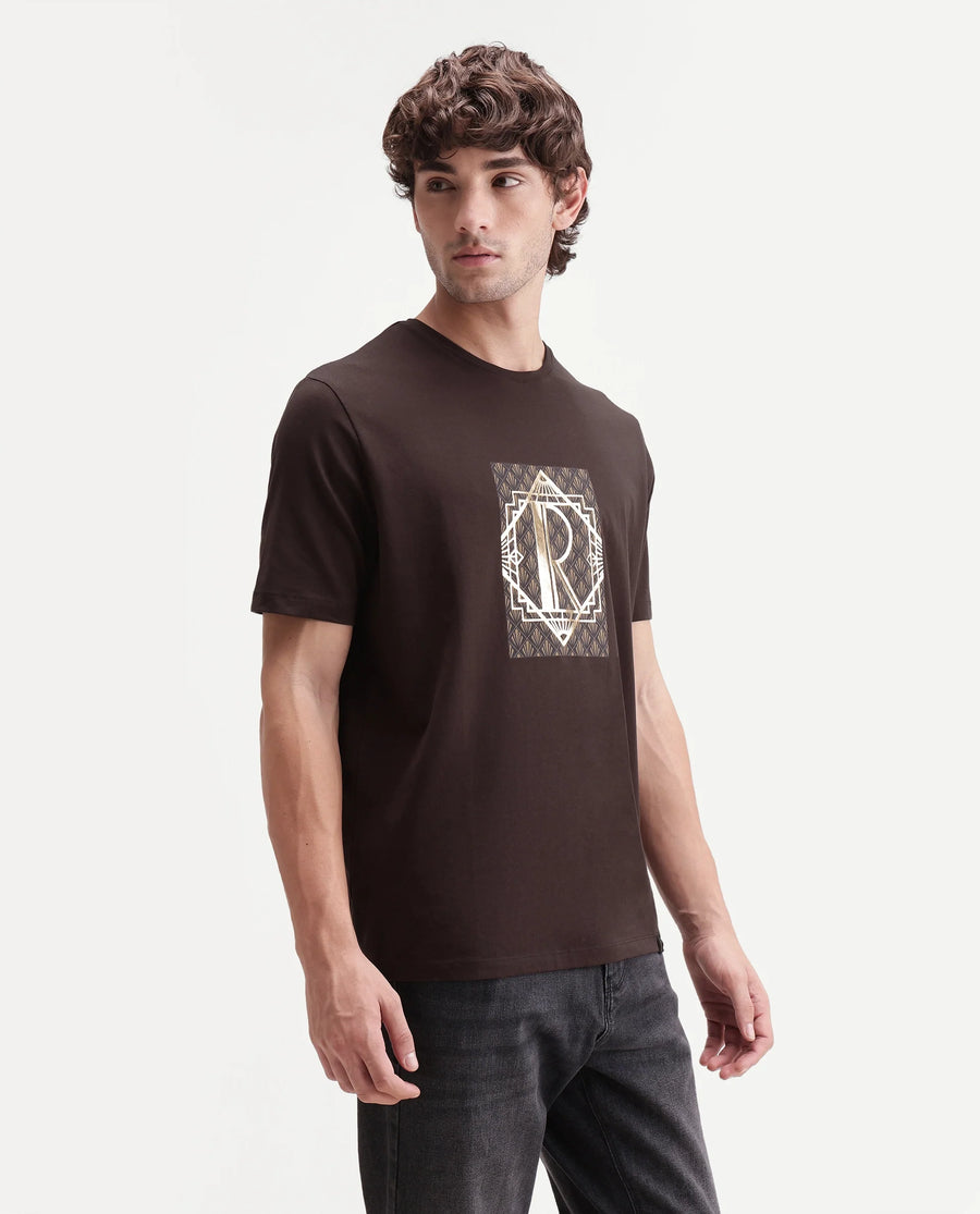 Rare Rabbit Men's Kerd Dark Brown Cotton Blend Crew Neck Regular Graphic Print T-Shirt