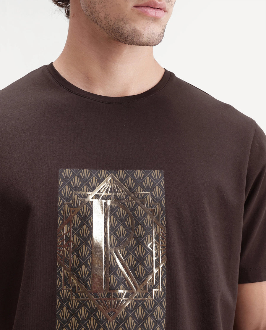 Rare Rabbit Men's Kerd Dark Brown Cotton Blend Crew Neck Regular Graphic Print T-Shirt