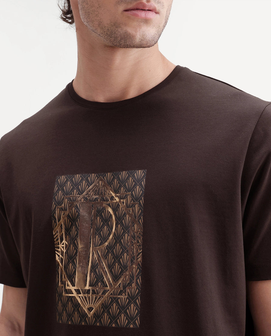 Rare Rabbit Men's Kerd Dark Brown Cotton Blend Crew Neck Regular Graphic Print T-Shirt