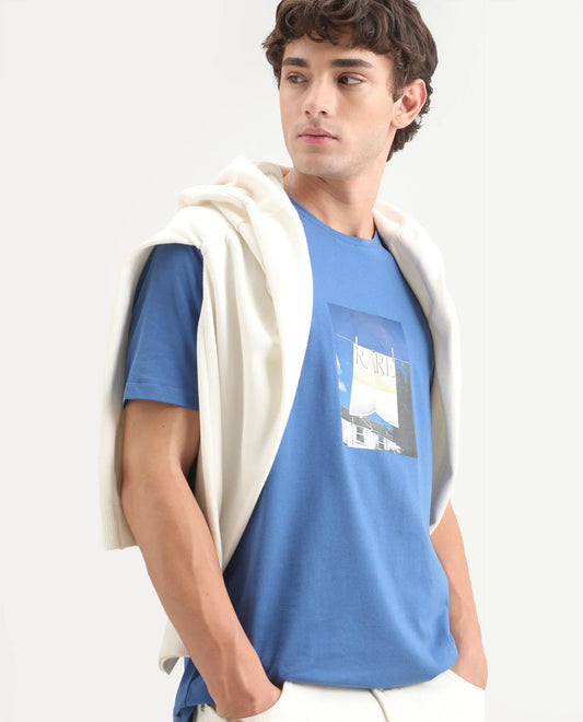 Rare Rabbit Men's Kapo Blue Cotton Blend Regular Half Sleeves Graphic Print T-Shirt