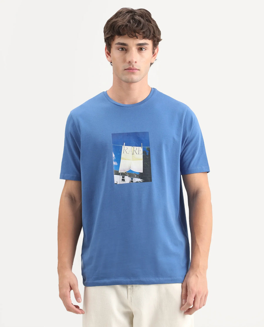 Rare Rabbit Men's Kapo Blue Cotton Blend Regular Half Sleeves Graphic Print T-Shirt