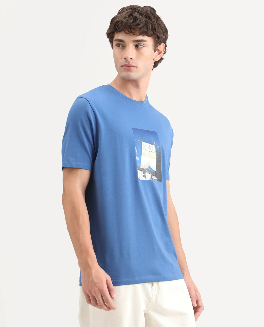 Rare Rabbit Men's Kapo Blue Cotton Blend Regular Half Sleeves Graphic Print T-Shirt