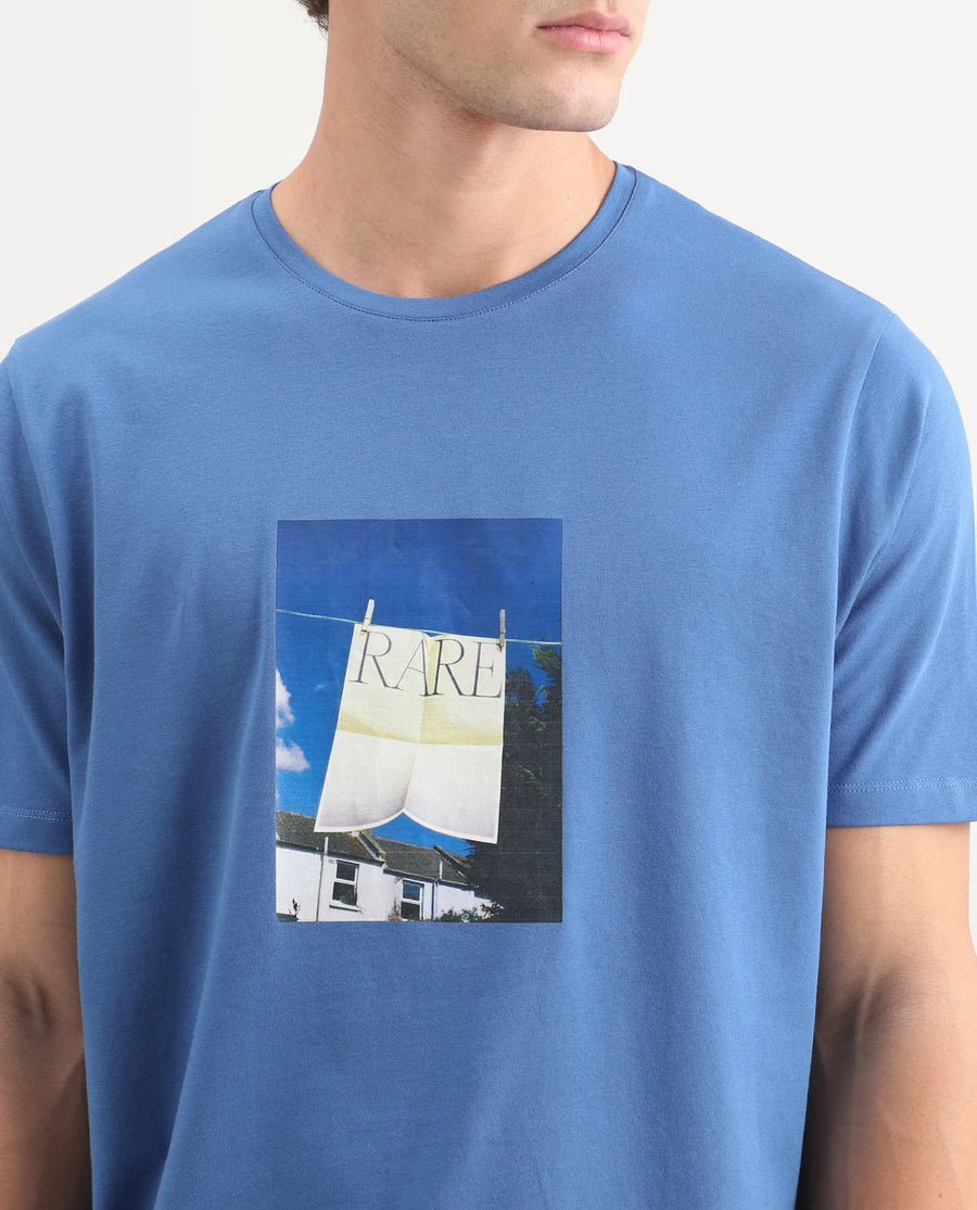 Rare Rabbit Men's Kapo Blue Cotton Blend Regular Half Sleeves Graphic Print T-Shirt