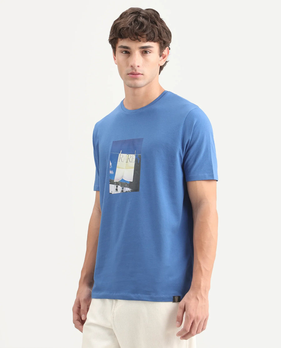 Rare Rabbit Men's Kapo Blue Cotton Blend Regular Half Sleeves Graphic Print T-Shirt