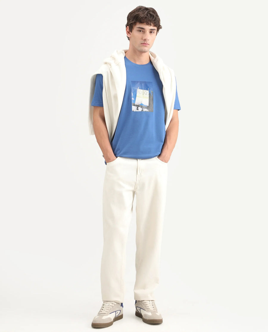 Rare Rabbit Men's Kapo Blue Cotton Blend Regular Half Sleeves Graphic Print T-Shirt