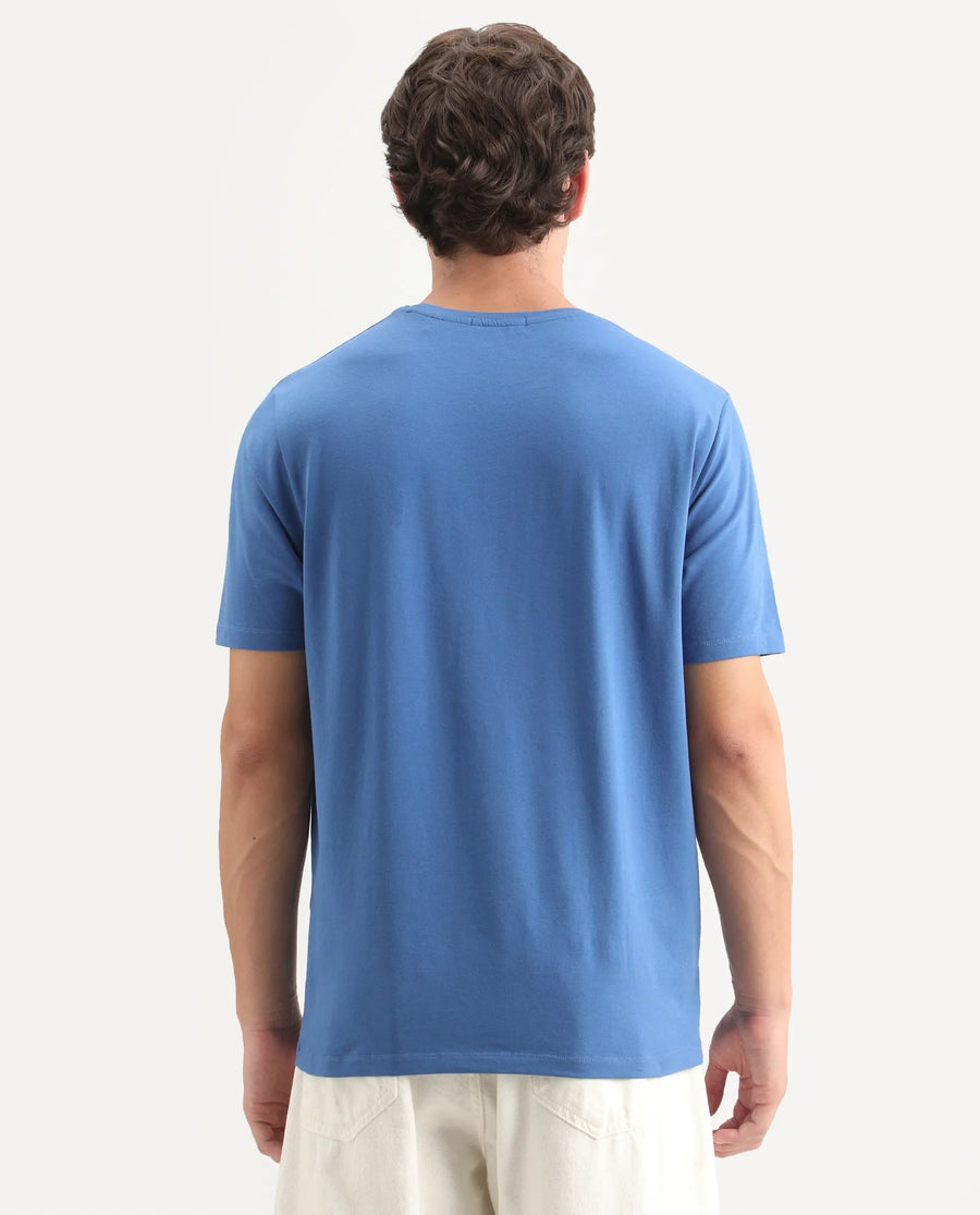 Rare Rabbit Men's Kapo Blue Cotton Blend Regular Half Sleeves Graphic Print T-Shirt