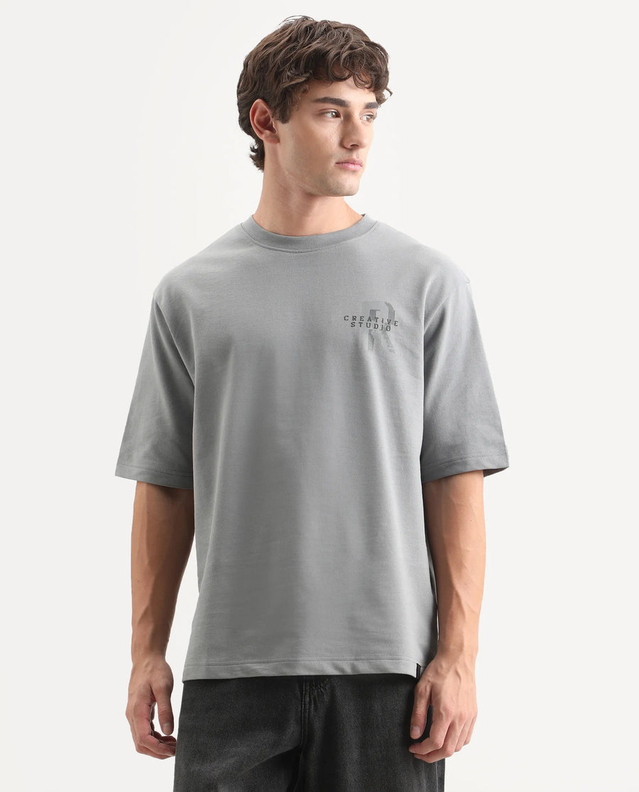 Rare Rabbit Men's Rexol Grey Cotton Regular Fit Graphic Print T-Shirt