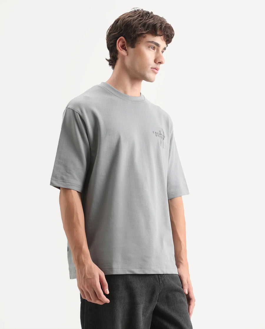 Rare Rabbit Men's Rexol Grey Cotton Regular Fit Graphic Print T-Shirt