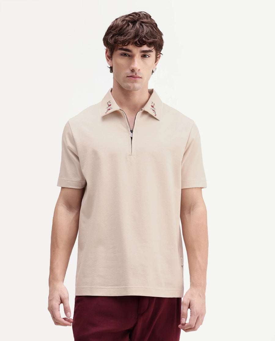 Rare Rabbit Men's Travis Beige Cotton Spread Collar Regular Embroidered Polo