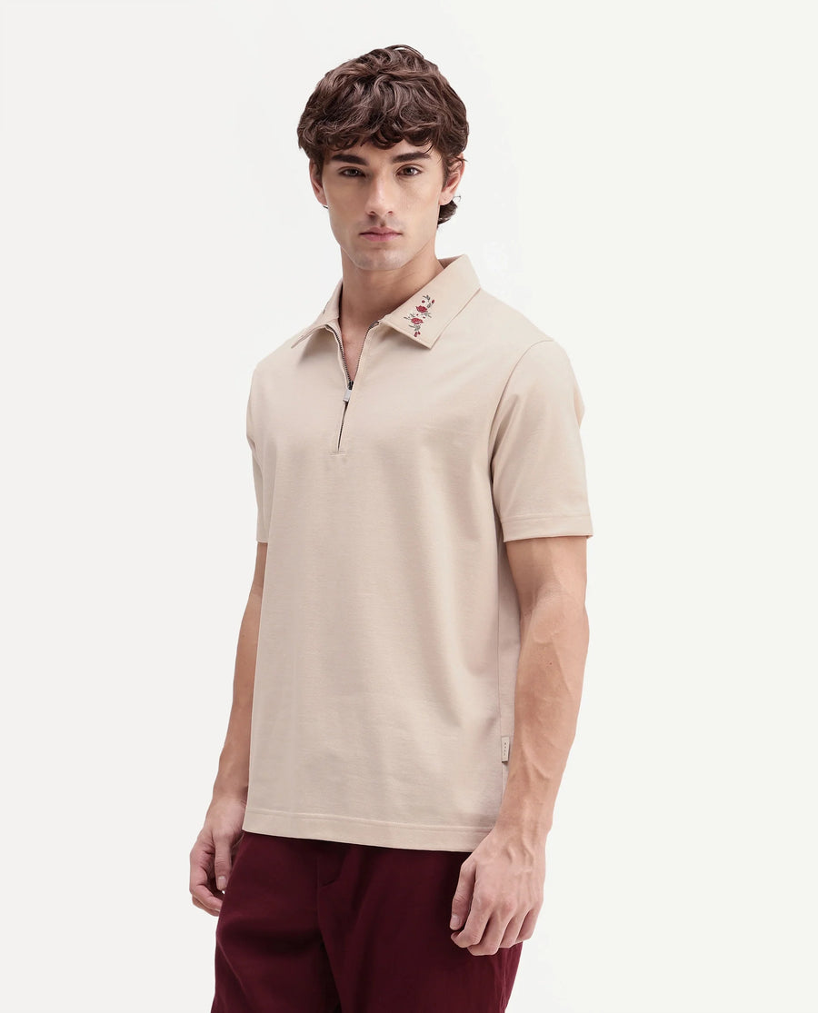 Rare Rabbit Men's Travis Beige Cotton Spread Collar Regular Embroidered Polo