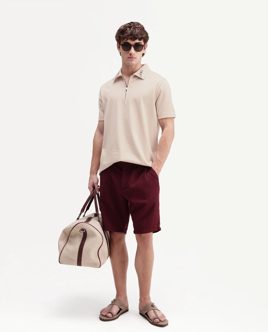 Rare Rabbit Men's Travis Beige Cotton Spread Collar Regular Embroidered Polo