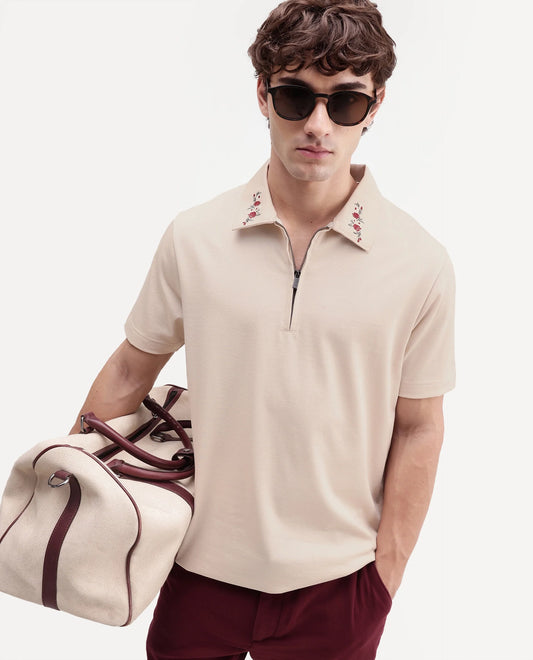 Rare Rabbit Men's Travis Beige Cotton Spread Collar Regular Embroidered Polo