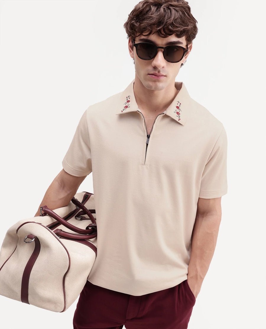 Rare Rabbit Men's Travis Beige Cotton Spread Collar Regular Embroidered Polo