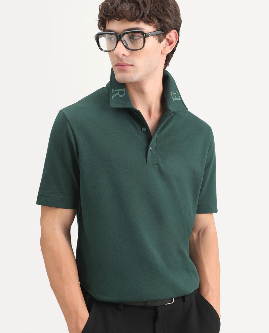 Rare Rabbit Men's Fabios Dark Green Cotton Regular Fit Half Sleeves Plain Polo