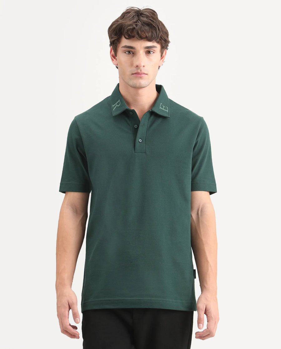 Rare Rabbit Men's Fabios Dark Green Cotton Regular Fit Half Sleeves Plain Polo