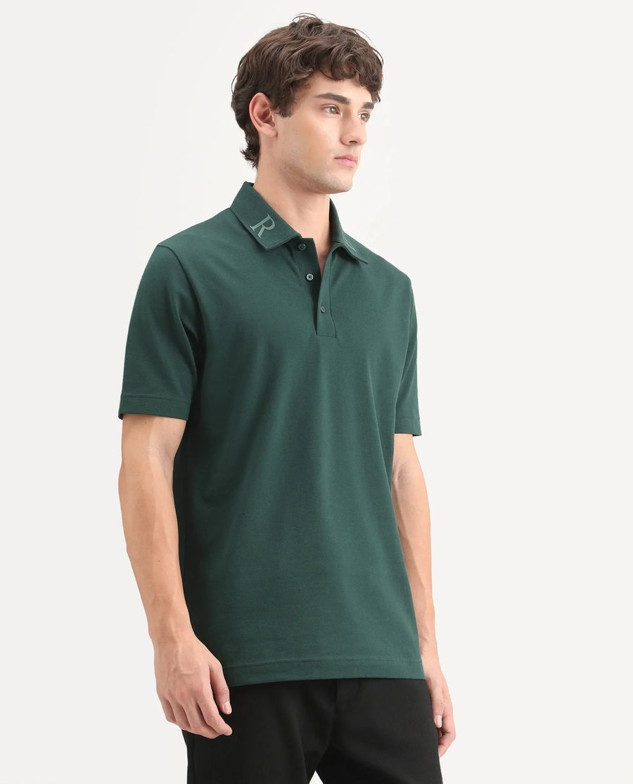 Rare Rabbit Men's Fabios Dark Green Cotton Regular Fit Half Sleeves Plain Polo