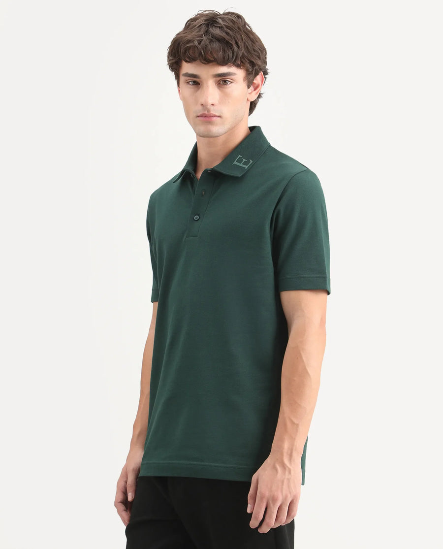 Rare Rabbit Men's Fabios Dark Green Cotton Regular Fit Half Sleeves Plain Polo