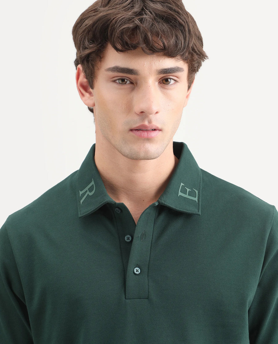 Rare Rabbit Men's Fabios Dark Green Cotton Regular Fit Half Sleeves Plain Polo