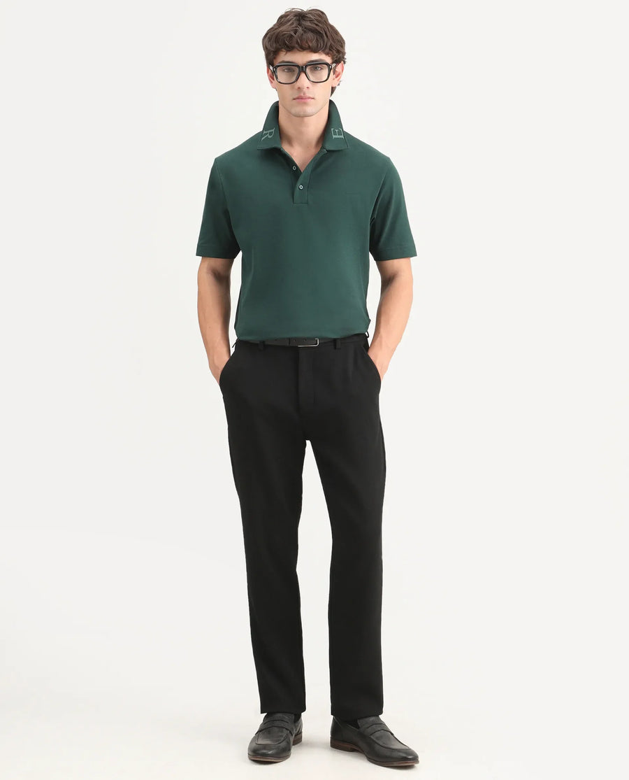 Rare Rabbit Men's Fabios Dark Green Cotton Regular Fit Half Sleeves Plain Polo