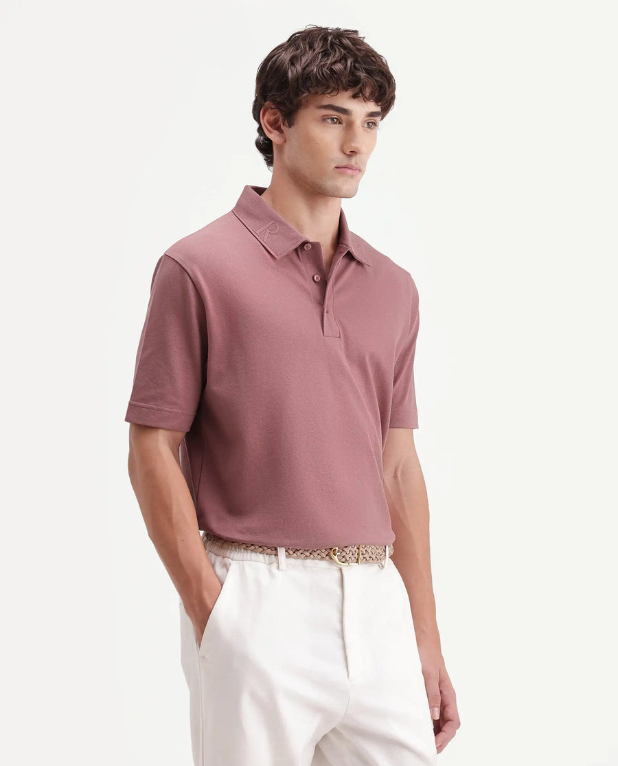 Rare Rabbit Men's Fabios Dusky Pink Cotton Regular Fit Half Sleeves Plain Polo
