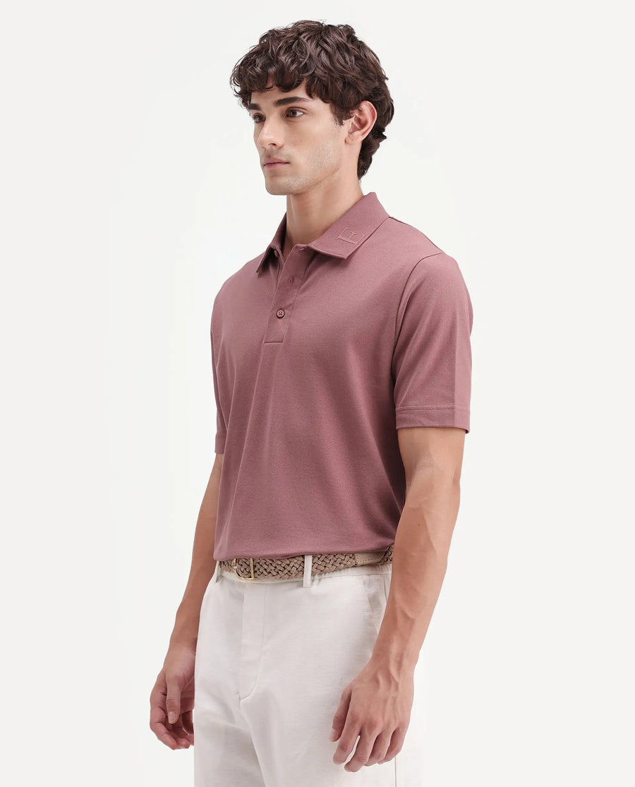 Rare Rabbit Men's Fabios Dusky Pink Cotton Regular Fit Half Sleeves Plain Polo