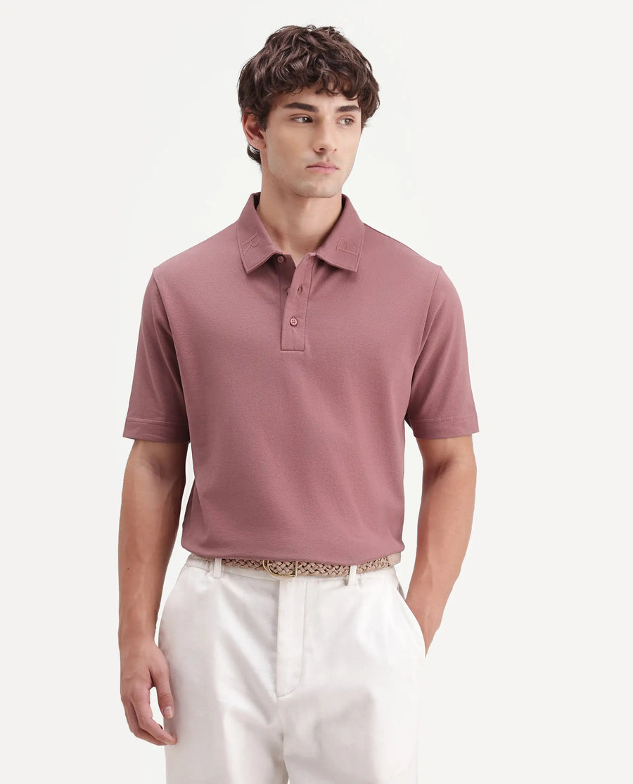 Rare Rabbit Men's Fabios Dusky Pink Cotton Regular Fit Half Sleeves Plain Polo
