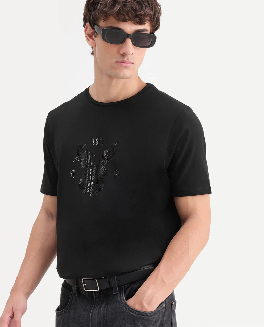 Rare Rabbit Men's Pufr Black Cotton Blend Regular Half Sleeves Graphic Print T-Shirt