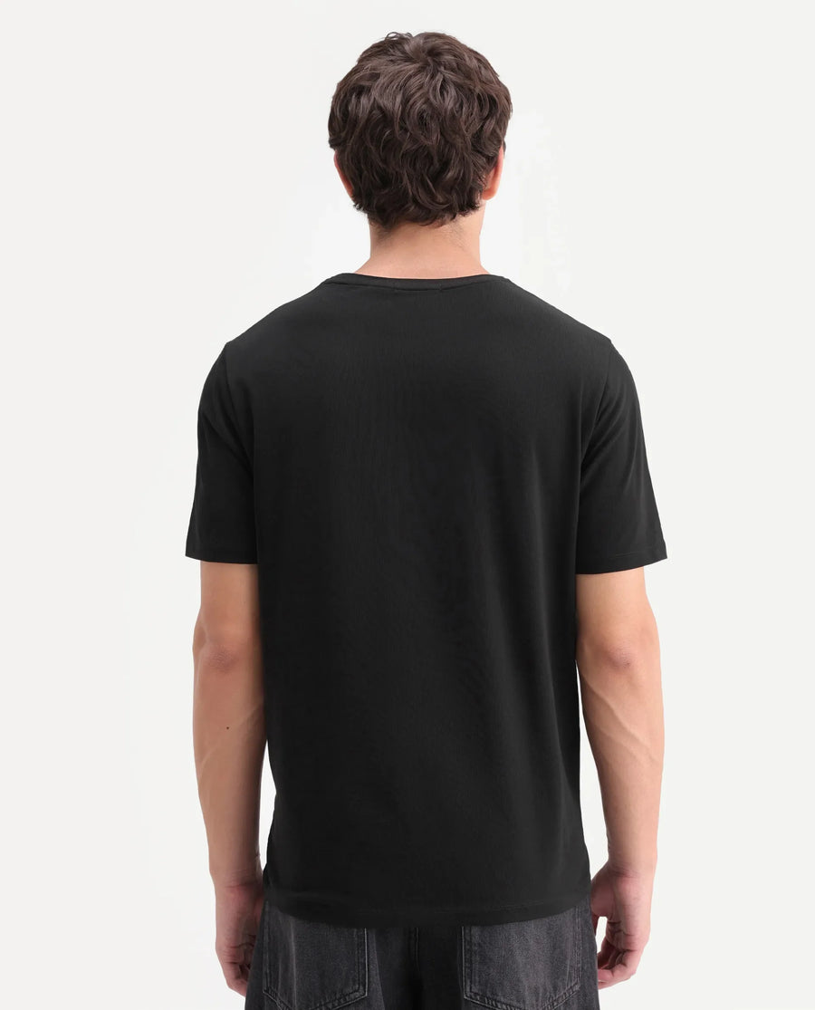 Rare Rabbit Men's Pufr Black Cotton Blend Regular Half Sleeves Graphic Print T-Shirt