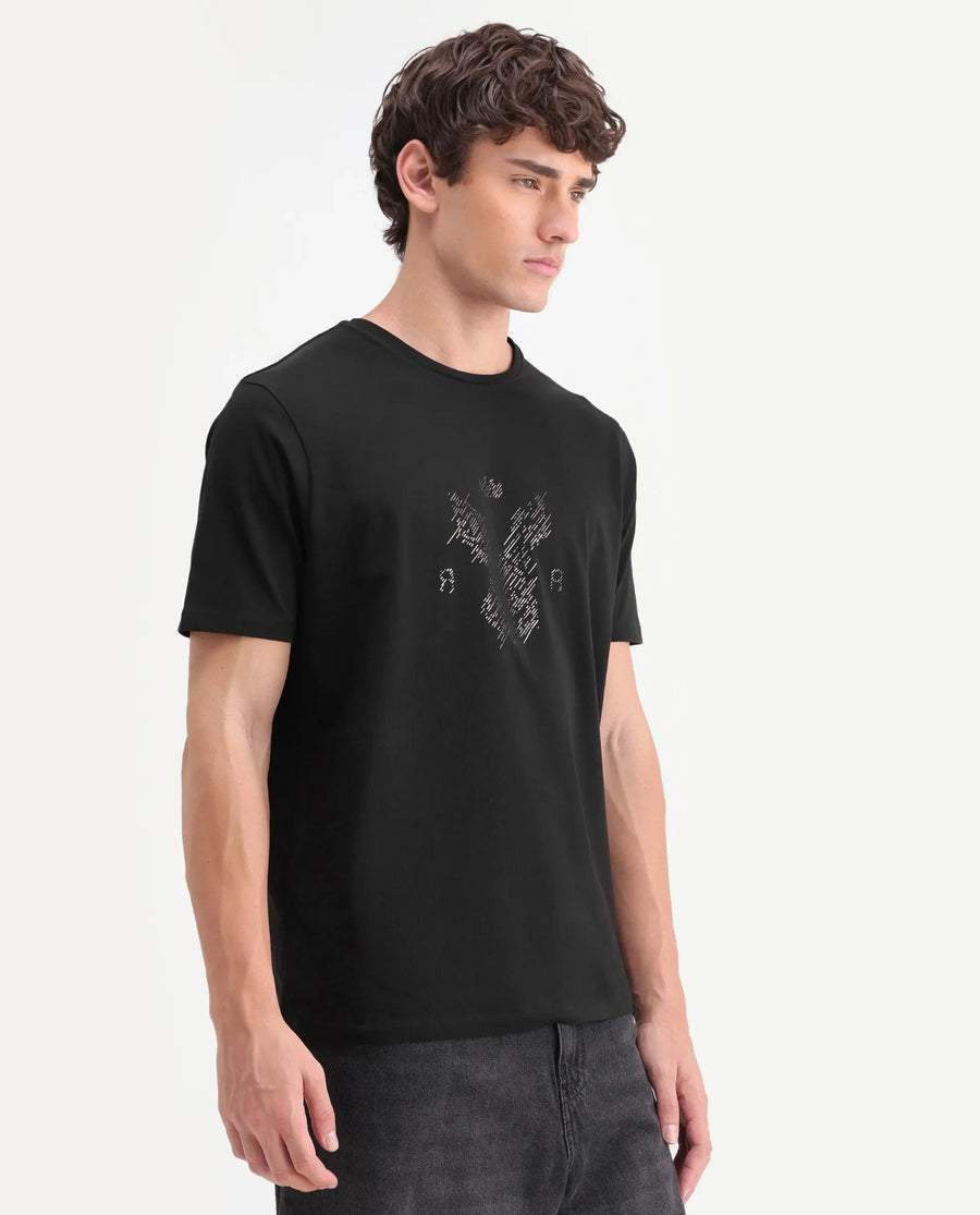 Rare Rabbit Men's Pufr Black Cotton Blend Regular Half Sleeves Graphic Print T-Shirt