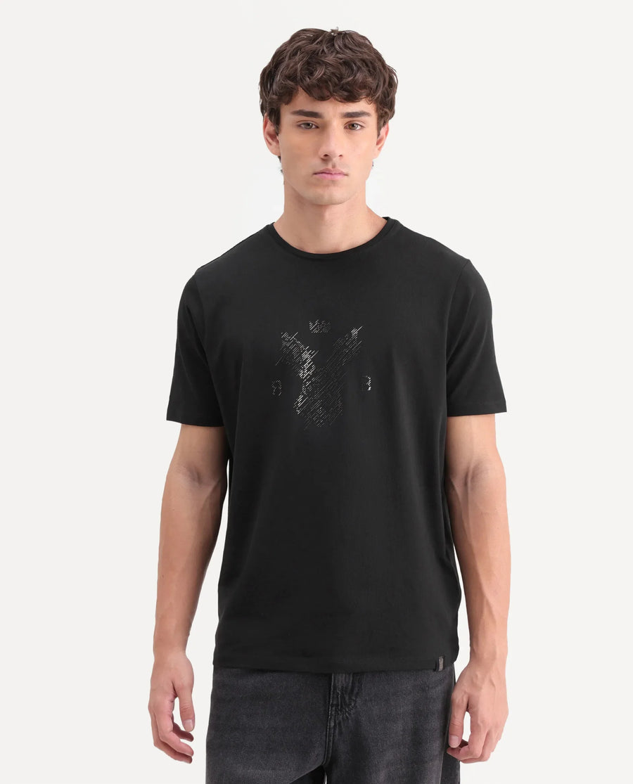 Rare Rabbit Men's Pufr Black Cotton Blend Regular Half Sleeves Graphic Print T-Shirt