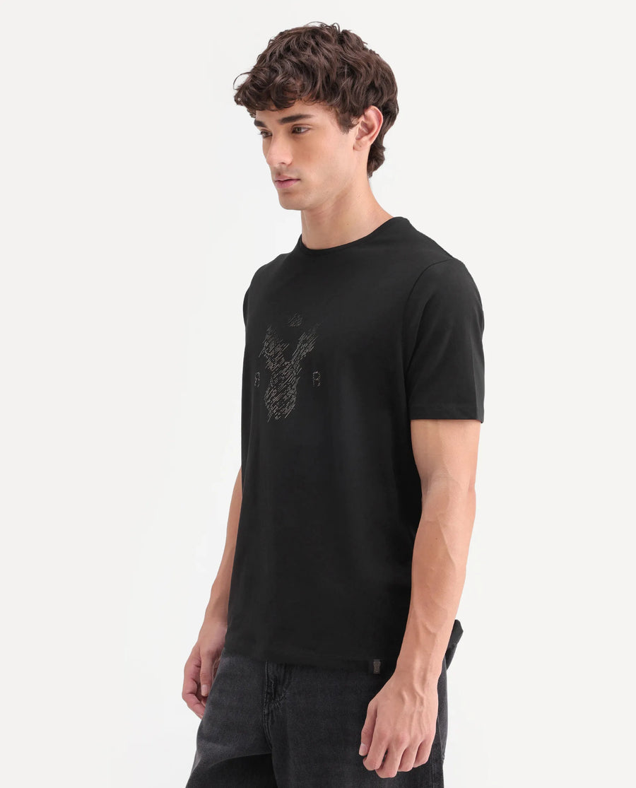 Rare Rabbit Men's Pufr Black Cotton Blend Regular Half Sleeves Graphic Print T-Shirt