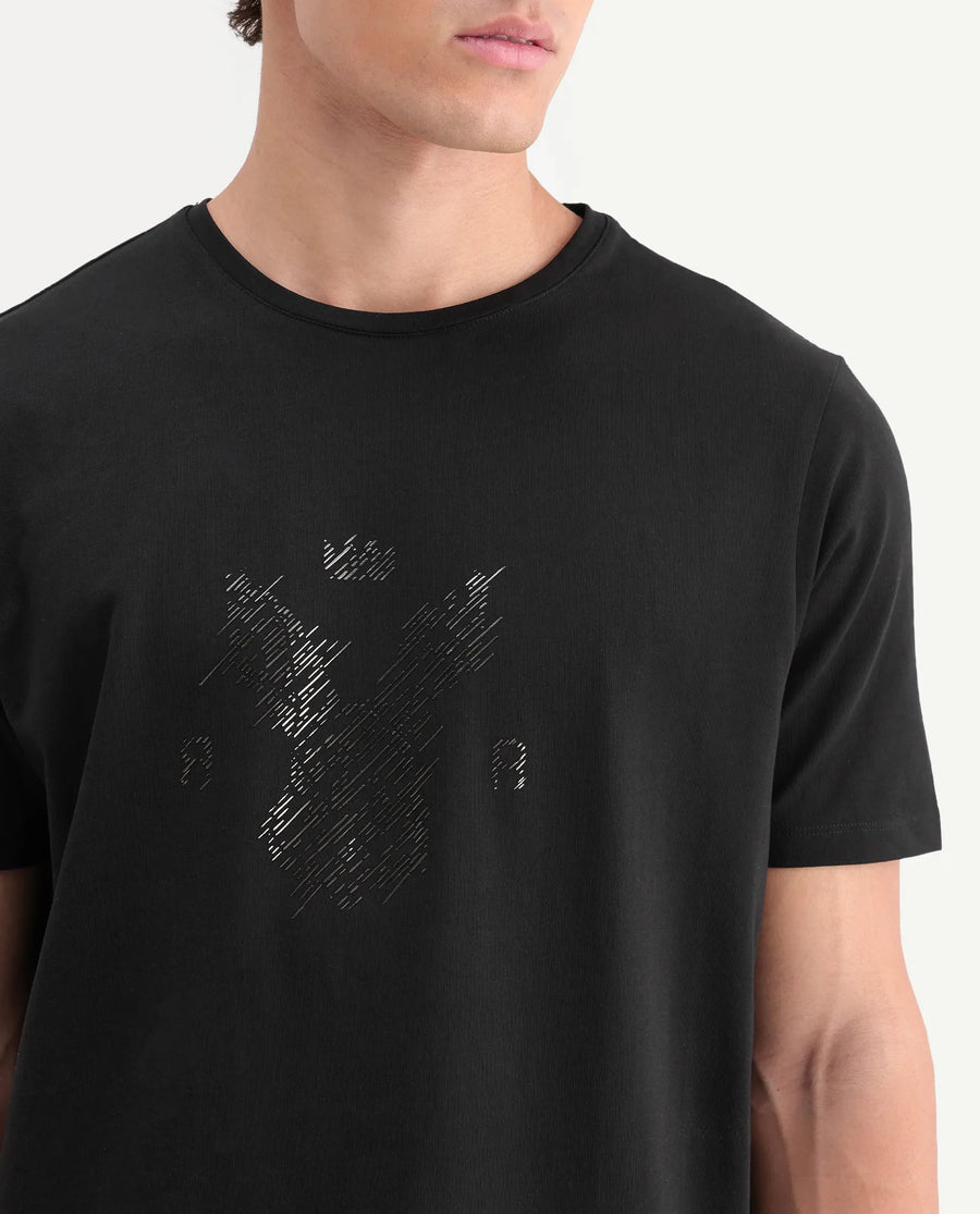 Rare Rabbit Men's Pufr Black Cotton Blend Regular Half Sleeves Graphic Print T-Shirt
