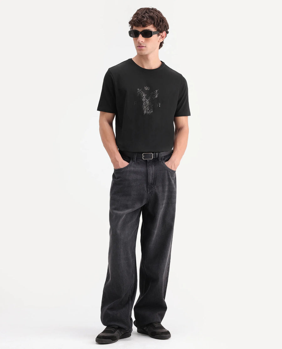 Rare Rabbit Men's Pufr Black Cotton Blend Regular Half Sleeves Graphic Print T-Shirt
