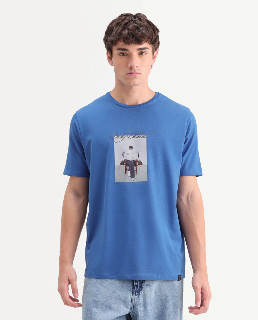 Rare Rabbit Men's Dame Blue Cotton Blend Crew Neck Regular Graphic Print T-Shirt
