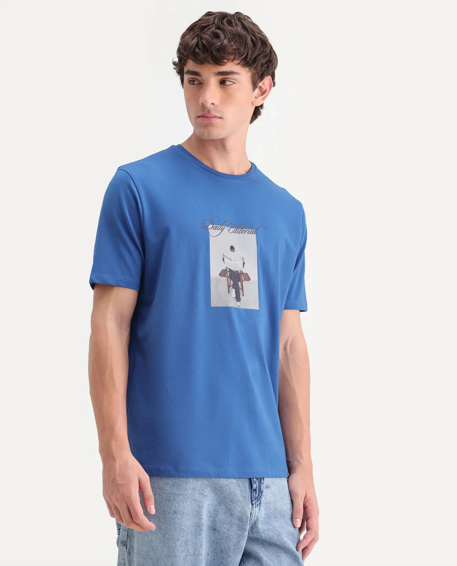 Rare Rabbit Men's Dame Blue Cotton Blend Crew Neck Regular Graphic Print T-Shirt