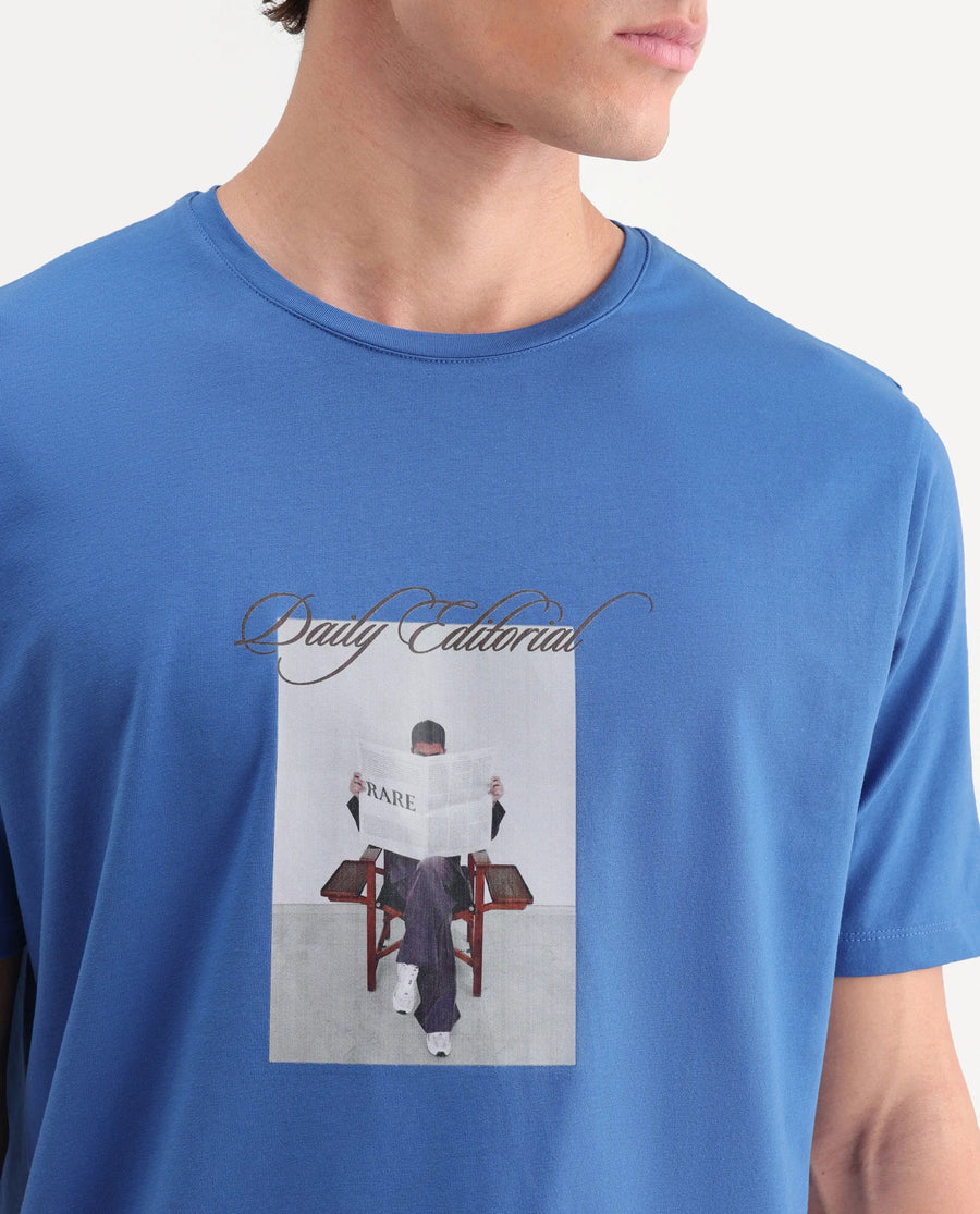 Rare Rabbit Men's Dame Blue Cotton Blend Crew Neck Regular Graphic Print T-Shirt