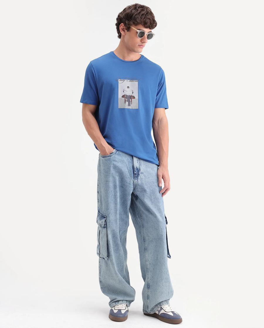 Rare Rabbit Men's Dame Blue Cotton Blend Crew Neck Regular Graphic Print T-Shirt