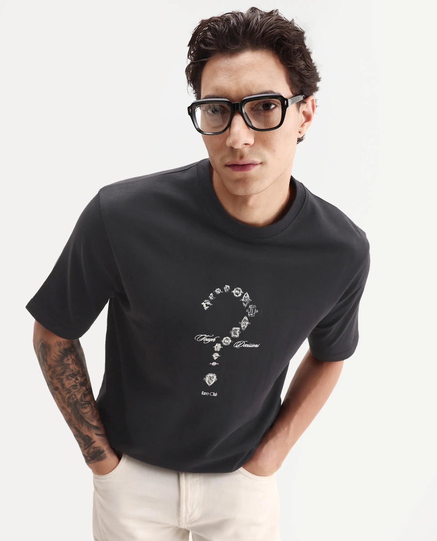 Rare Rabbit Men's Nexol Black Cotton Crew Neck Regular Fit Graphic Print T-Shirt