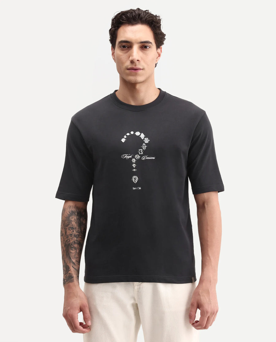 Rare Rabbit Men's Nexol Black Cotton Crew Neck Regular Fit Graphic Print T-Shirt