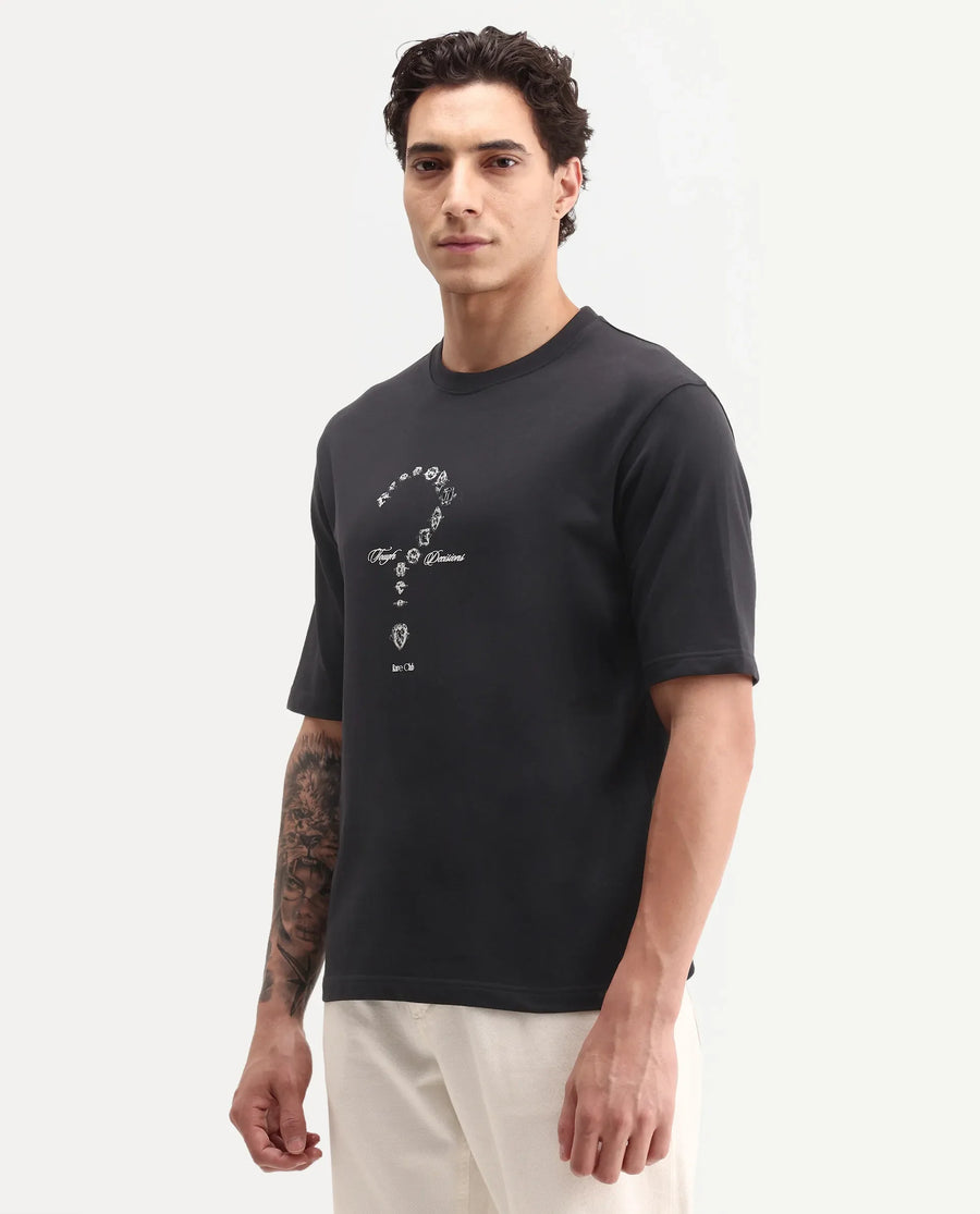 Rare Rabbit Men's Nexol Black Cotton Crew Neck Regular Fit Graphic Print T-Shirt