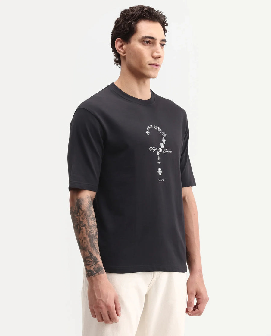 Rare Rabbit Men's Nexol Black Cotton Crew Neck Regular Fit Graphic Print T-Shirt