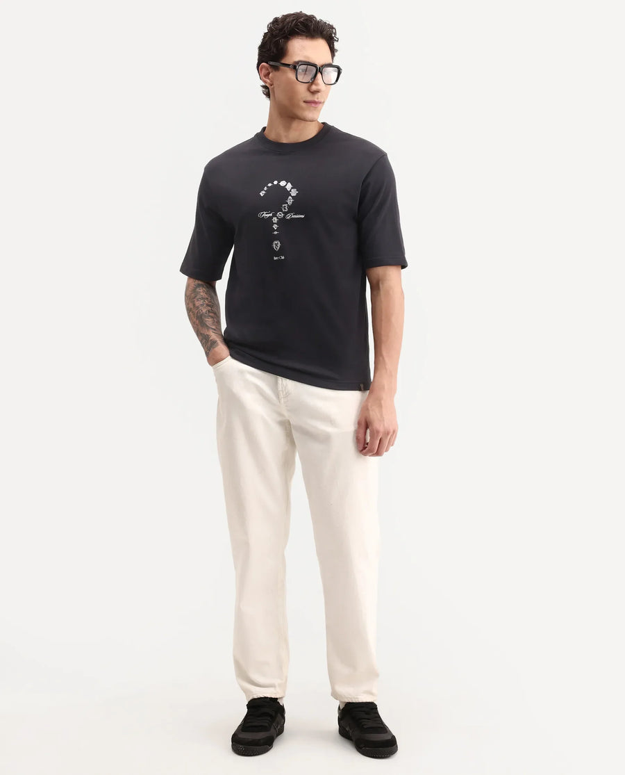Rare Rabbit Men's Nexol Black Cotton Crew Neck Regular Fit Graphic Print T-Shirt