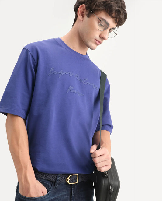 Rare Rabbit Men's Tuft Dark Purple Cotton Crew Neck Regular Embroidered T-Shirt