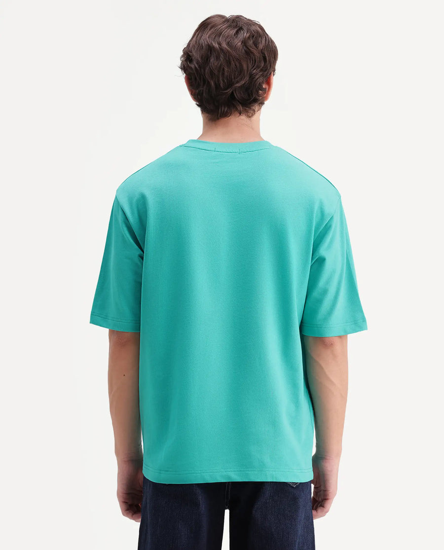 Rare Rabbit Men's Tuft Fluorescent Green Cotton Crew Neck Regular Embroidered T-Shirt