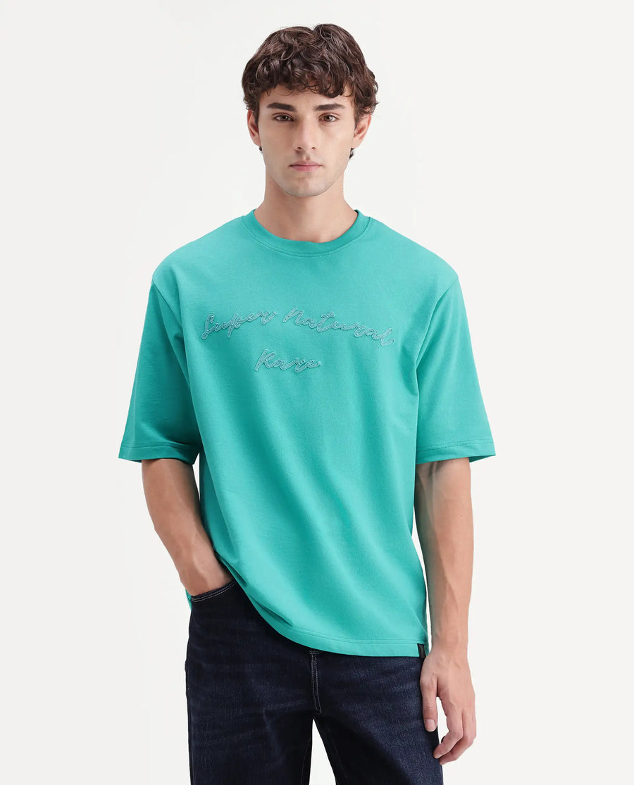 Rare Rabbit Men's Tuft Fluorescent Green Cotton Crew Neck Regular Embroidered T-Shirt