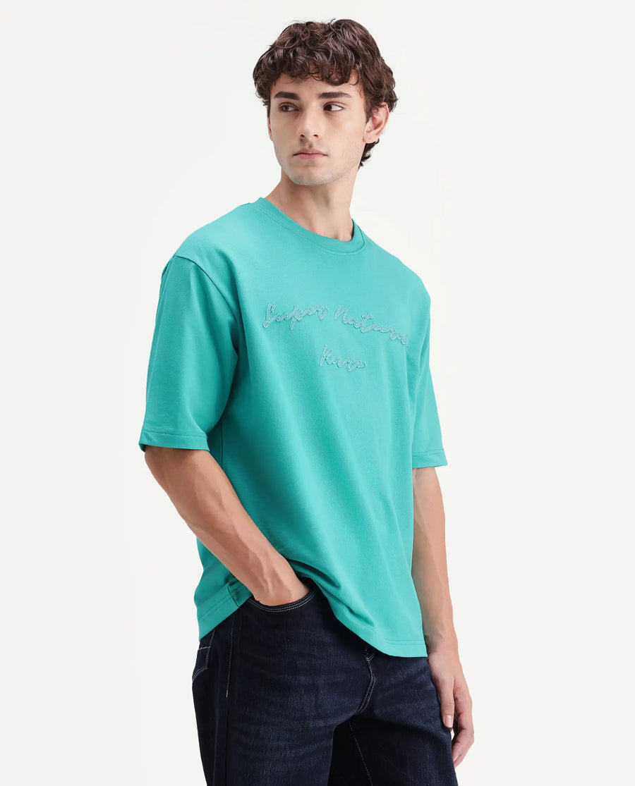 Rare Rabbit Men's Tuft Fluorescent Green Cotton Crew Neck Regular Embroidered T-Shirt