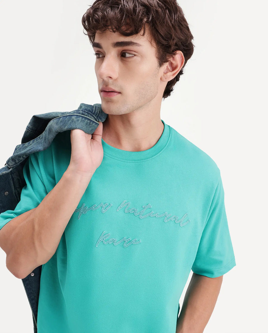 Rare Rabbit Men's Tuft Fluorescent Green Cotton Crew Neck Regular Embroidered T-Shirt