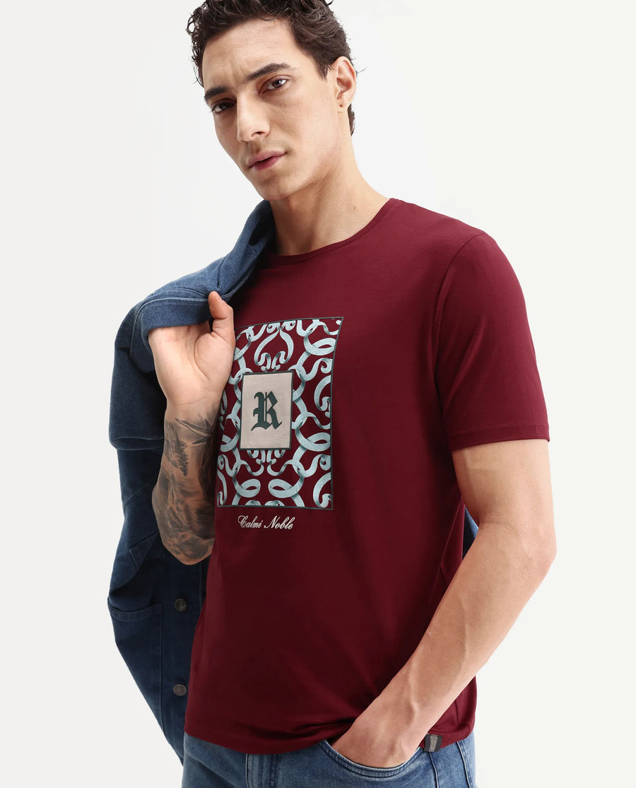 Rare Rabbit Men's Timol Dark Red Cotton Blend Crew Neck Regular Graphic Print T-Shirt